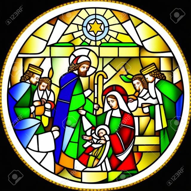 Circle shape with the Christmas and Adoration of the Magi scene in stained glass style. Vector illustration