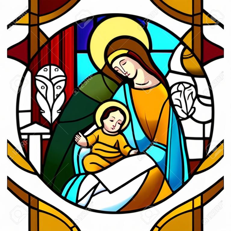 Circle shape with the birth of Jesus Christ scene in stained glass style. Christmas symbol and icon. Vector illustration