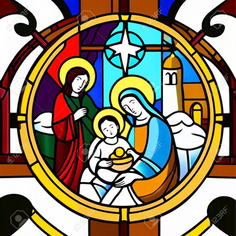 Forma de círculo con la escena del nacimiento de Jesucristo en estilo vitral. Icono y símbolo de Navidad. Ilustración vectorial