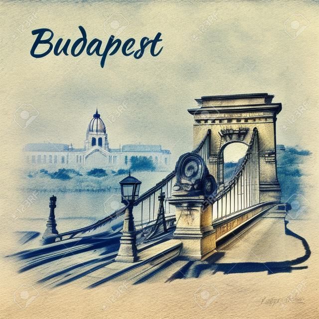 铁锁式桥梁-布达佩斯，匈牙利。白色背景上孤立