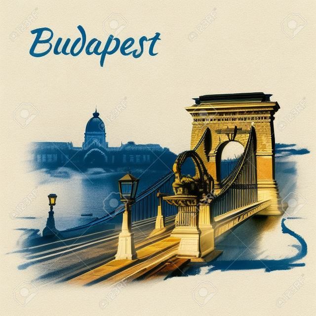 Chain Bridge  - 布達佩斯，匈牙利。在白色背景孤立