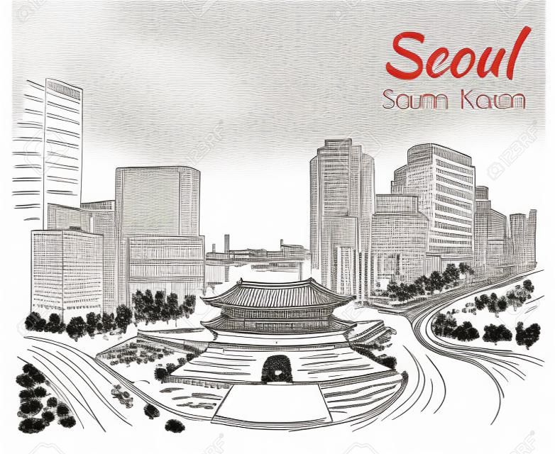 Namdaemun, a paisagem urbana de Sungnyemun Seoul, desenhada à mão - Coreia do Sul. Sketch. Isolado no fundo branco