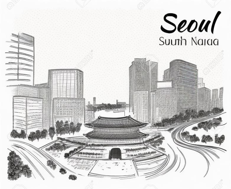 南大門，崇禮門的首爾市容，把手抽 - 韓國。草圖。在白色背景孤立