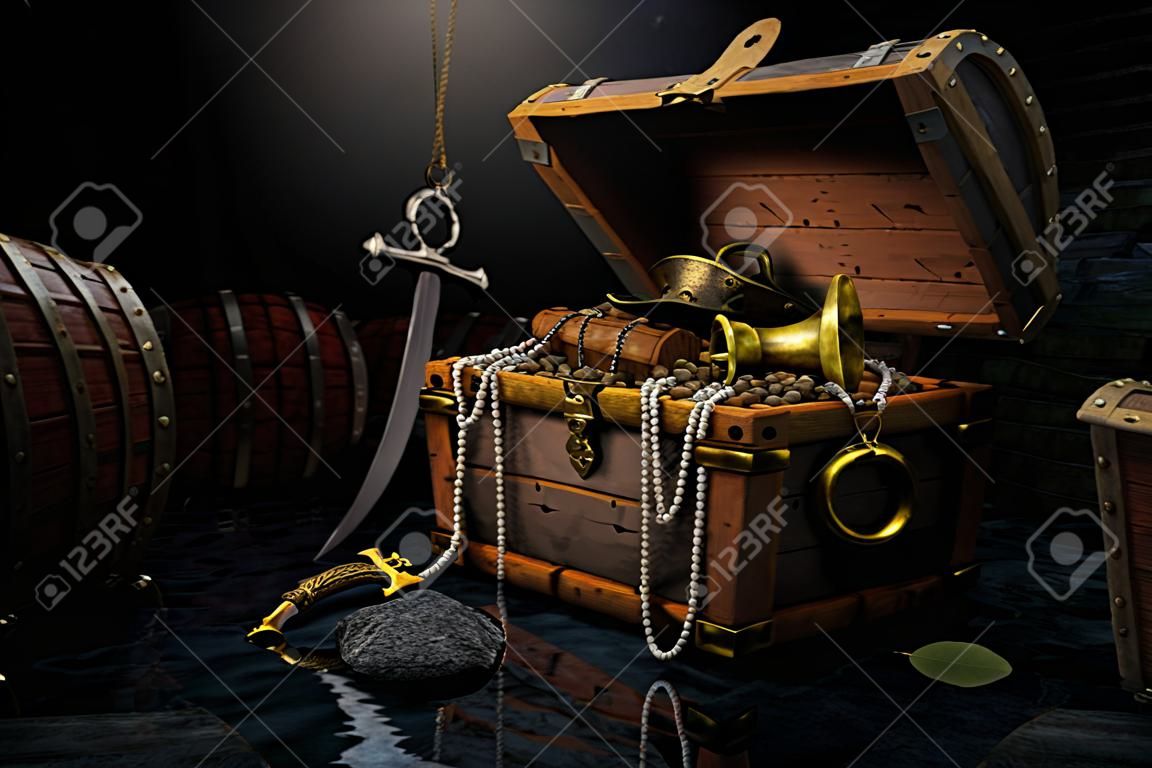 Pirate's chest in a dark cave