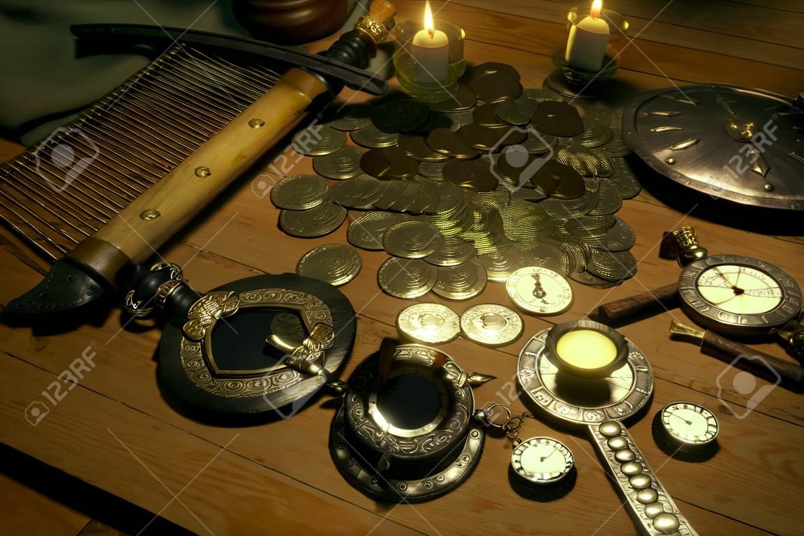 Pirate's accessories on a table upside view