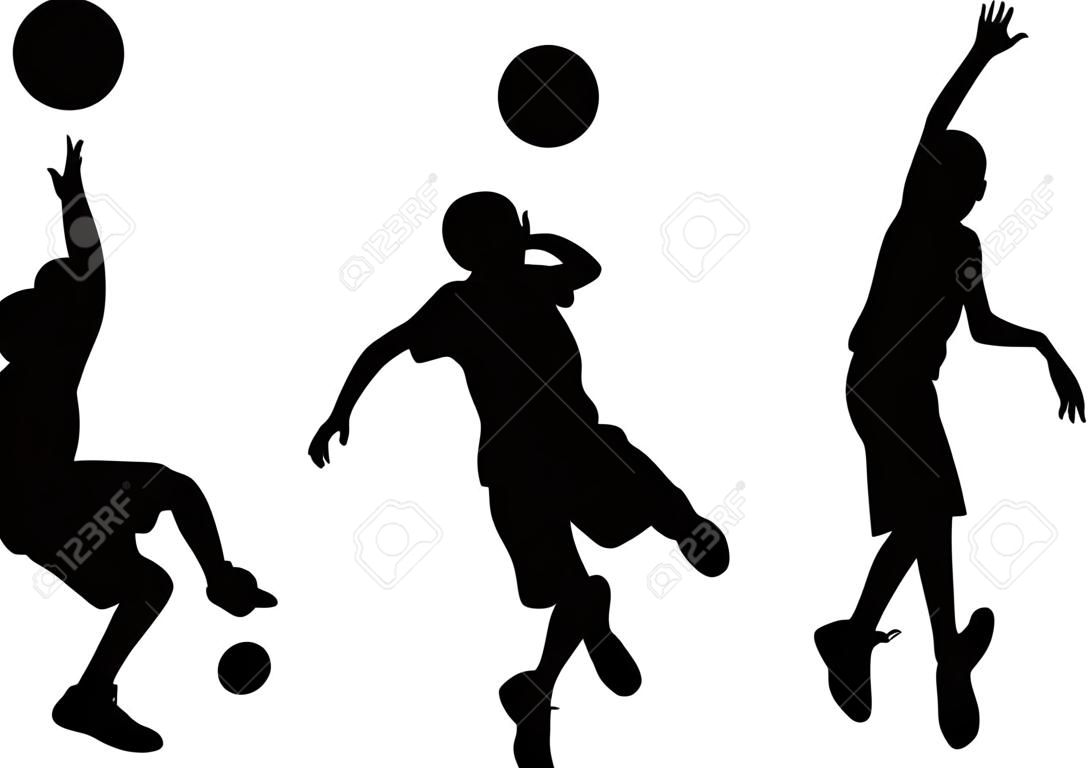 3 Silhouetten von Boy playing Basketball, schwarz auf weißem Hintergrund