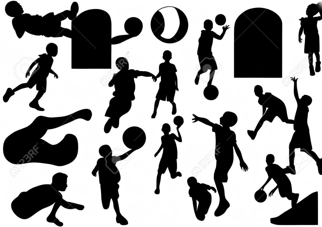 3 silhouettes of boy playing basketball, black on white background