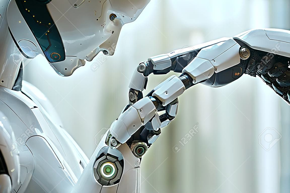 Close up of human hand touching robot arm. Concept of artificial intelligence.