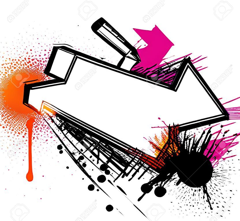 Zwarte graffiti pijl schets met oranje en roze grunge verf spetter