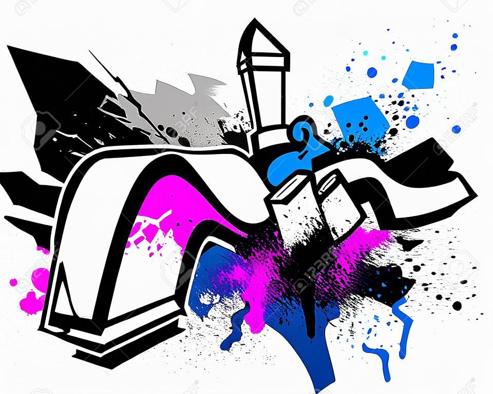 Black graffiti sketch with blue and pink grunge paint splatter