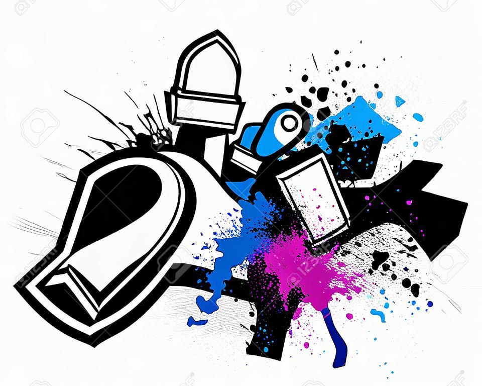 Black graffiti sketch avec le bleu et le rose grunge éclaboussures de peinture