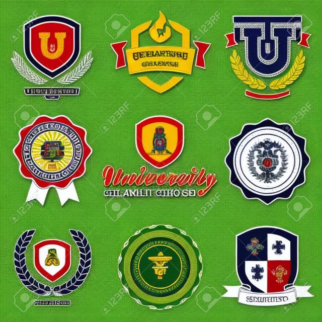 Set van universiteits- en universiteitsscholen en emblemen
