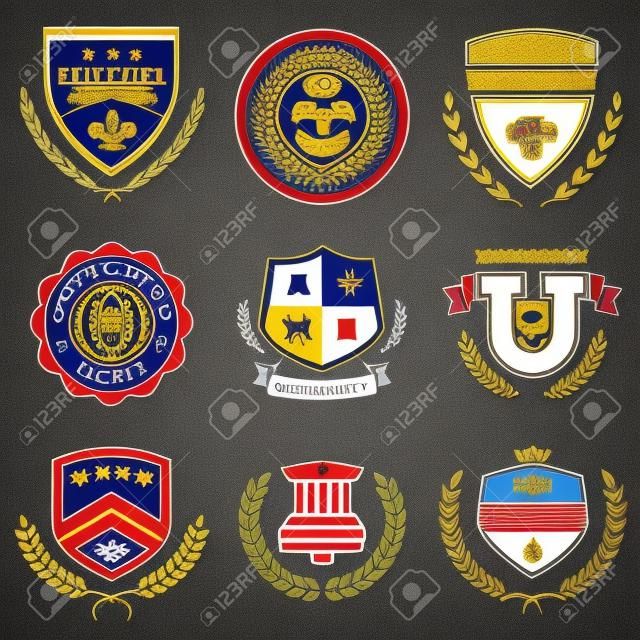 Zestaw uniwersytet i college grzbietami szkolnych i emblemat