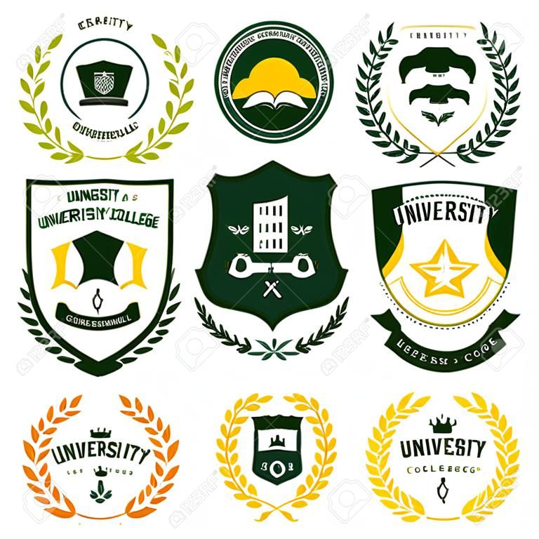 Conjunto de emblemas e emblemas da universidade e da faculdade