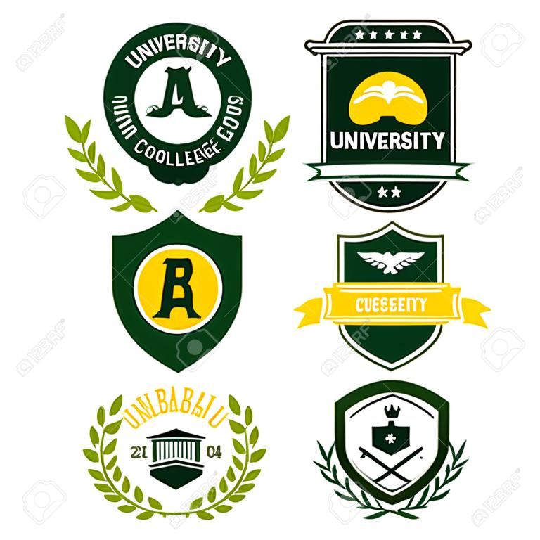 Zestaw uniwersytet i college grzbietami szkolnych i emblemat
