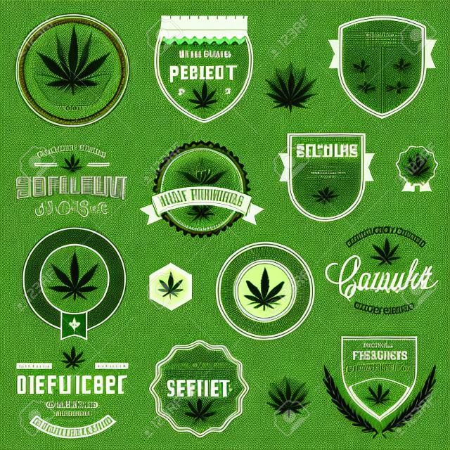 Conjunto de etiquetas de los productos pote marihuana y gráficos