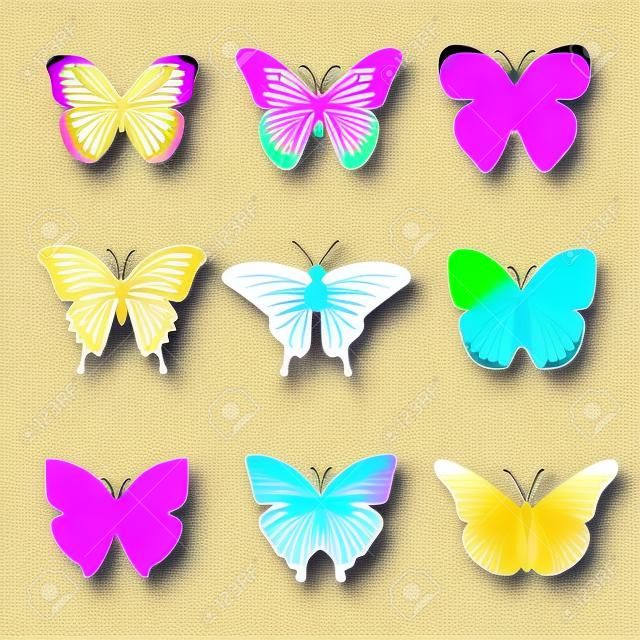 Vector colección de mariposas. Colores brillantes mariposas sobre fondo blanco. Rosa, verde, amarillo y violeta mariposas ilustración