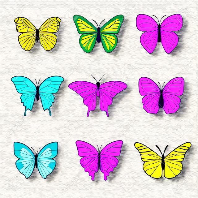 Vector collection of butterflies. Bright colors  butterflies on white background. Pink, green, yellow and violet colors butterflies illustration
