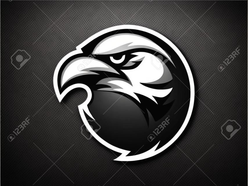 Design de mascote de corvo preto para o logotipo. Marca esportiva. crachá de cabeça de corvo. Modelo de vetor de logotipo de esporte