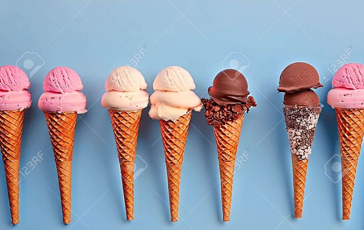 Ice cream cones on blue background
