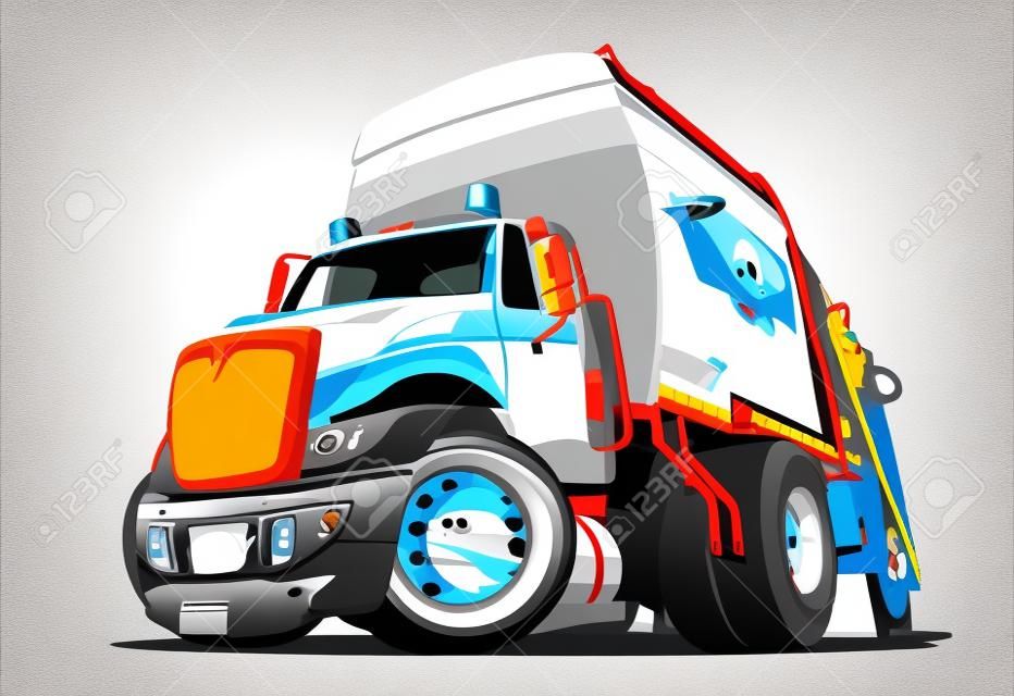 Camion à ordures de dessin animé isolé sur fond blanc. Le format vectoriel EPS-10 disponible est séparé par des groupes et des couches pour faciliter l'édition