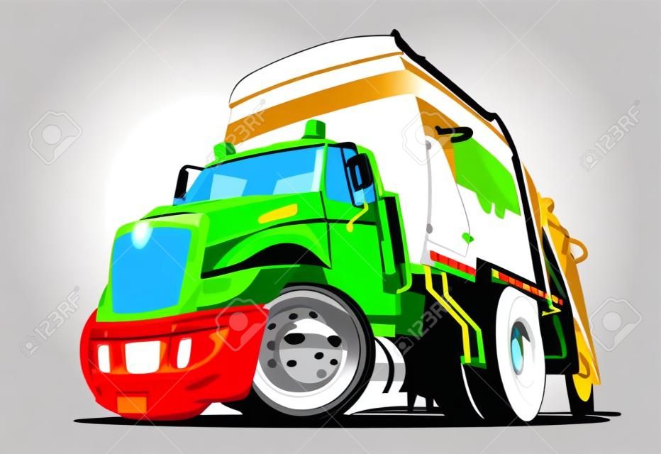 Camion à ordures de dessin animé isolé sur fond blanc. Le format vectoriel EPS-10 disponible est séparé par des groupes et des couches pour faciliter l'édition