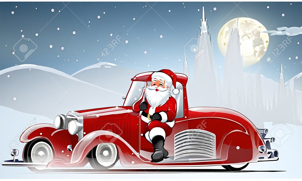 Una ilustración del fondo de la tarjeta de Navidad del vector de Papá Noel en el coche. Formato EPS-10 disponible separado por grupos y capas para facilitar la edición