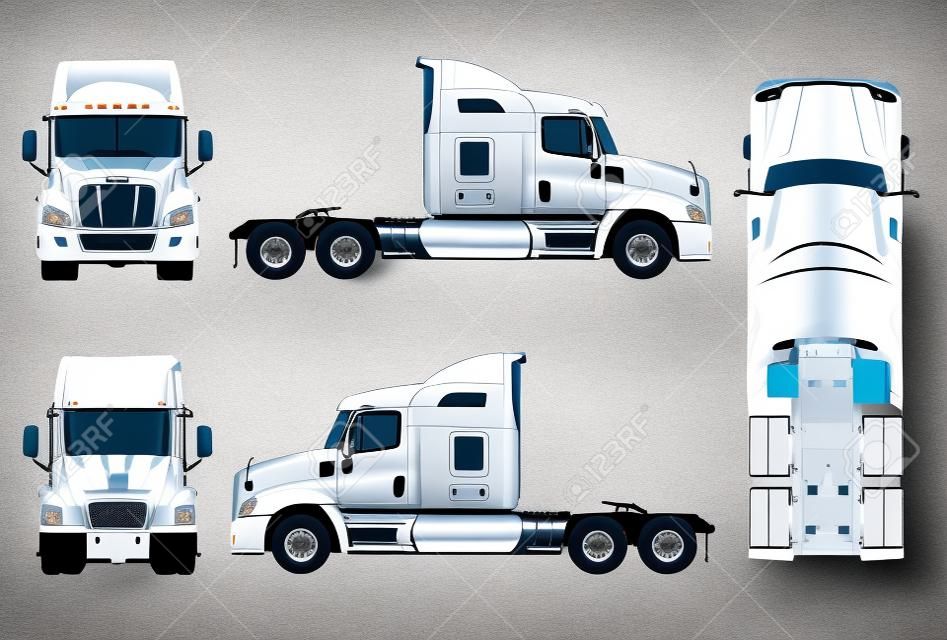 Modello di semi-camion di vettore isolato su bianco. Vista laterale, anteriore, posteriore, dall'alto. EPS-10 separato da gruppi e livelli per una facile modifica