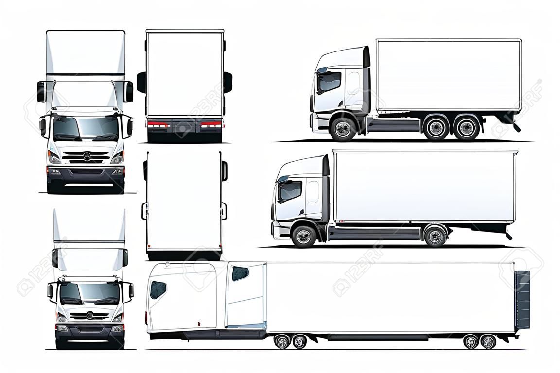 Modelo de caminhão vetorial isolado no branco para marca de carro e publicidade. Disponível EPS-10 separados por grupos e camadas com efeitos de transparência para repintura de um clique.