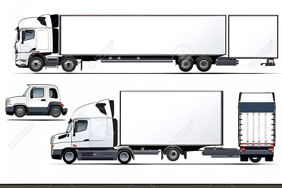 Modelo de caminhão vetorial isolado no branco para marca de carro e publicidade. Disponível EPS-10 separados por grupos e camadas com efeitos de transparência para repintura de um clique.