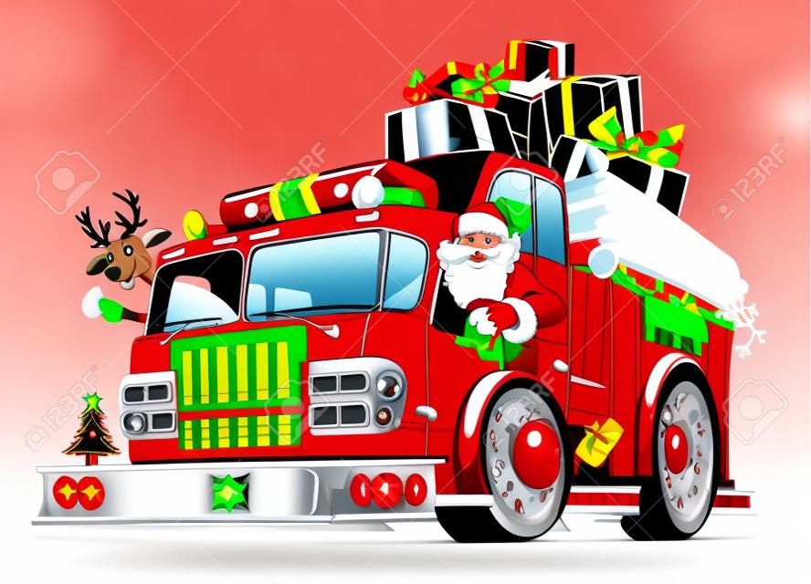 Cartoon retro Christmas firetruck, Santa and reindeer. Available eps-10 vector format separated by groups and layers for easy editing