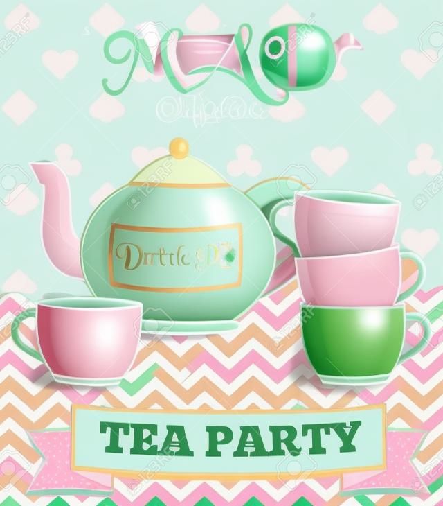 逗人喜爱的妙境疯狂的茶会例证。茶壶和杯子在薄荷的背景。用于聚会和活动邀请以及其他设计项目。