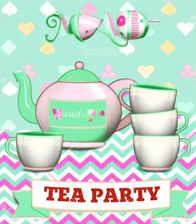逗人喜爱的妙境疯狂的茶会例证。茶壶和杯子在薄荷的背景。用于聚会和活动邀请以及其他设计项目。