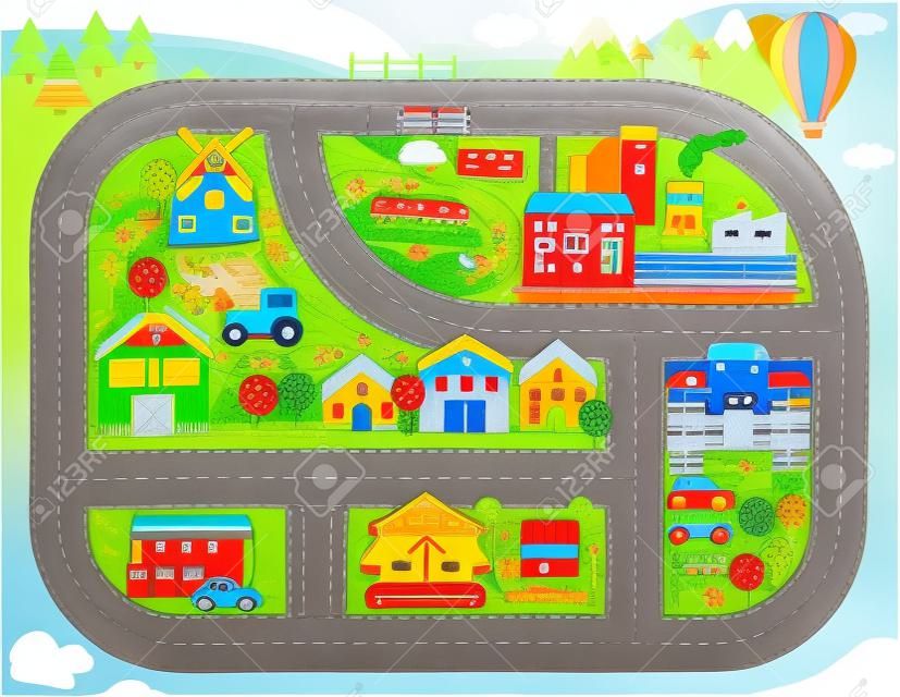 Lovely city landscape car track play mat for children activity and entertainment. Sunny city landscape with mountains, farm, factory, buildings, plants and endless car road.