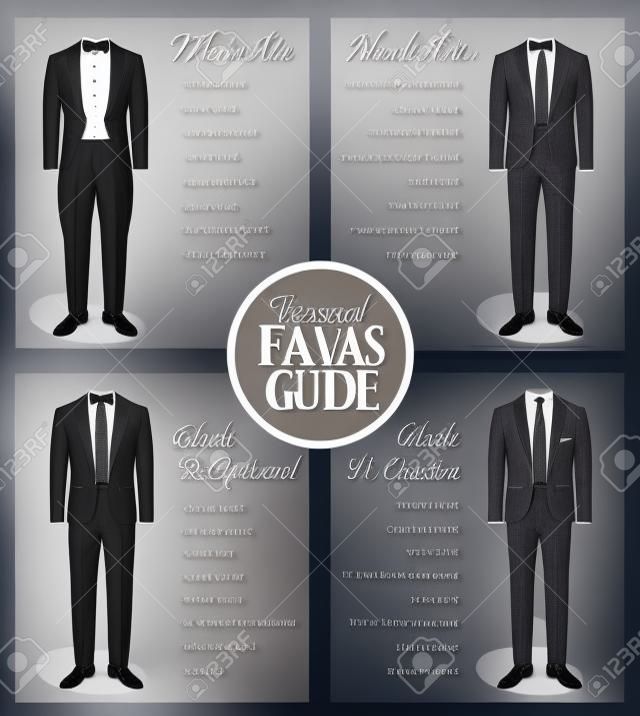 Формальный дресс-код информация руководство диаграмма для мужчин. Подходящие наряды для официальных мероприятий для мужчин. Смокинг, галстук-бабочка, патент оксфорд обувь и другие элементы.