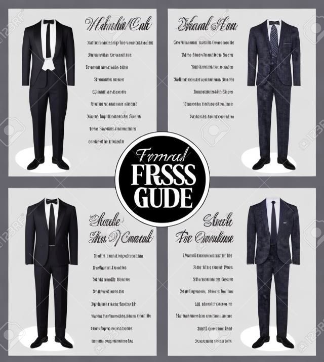 Formal dress code guide information chart for men. Suitable outfits for formal events for men. Tuxedo jacket, bowtie, patent oxford shoes and other elements.
