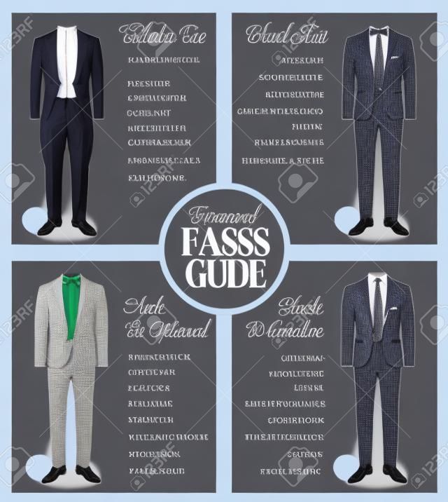 남성 정장 드레스 코드 가이드 정보 차트입니다. 남성을위한 공식적인 행사에 적합한 의상. 턱시도 재킷, 나비 넥타이, 특허 옥스포드 신발 및 기타 요소.