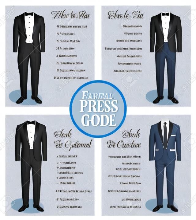 Formal dress code guide information chart for men. Suitable outfits for formal events for men. Tuxedo jacket, bowtie, patent oxford shoes and other elements.