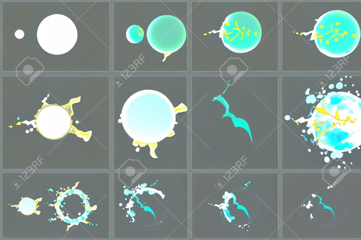 Lightning explosion special effect fx animation frames sprite sheet. Electrical lightning thunderbolt frames for flash animation in games, video and cartoon.