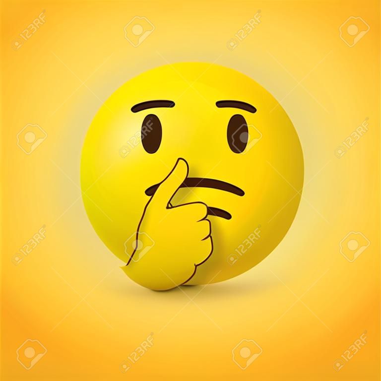 Denkende gezicht emoji - emoticon gezicht weergegeven met een enkele vinger en duim rust op de kin omhoog op gele achtergrond