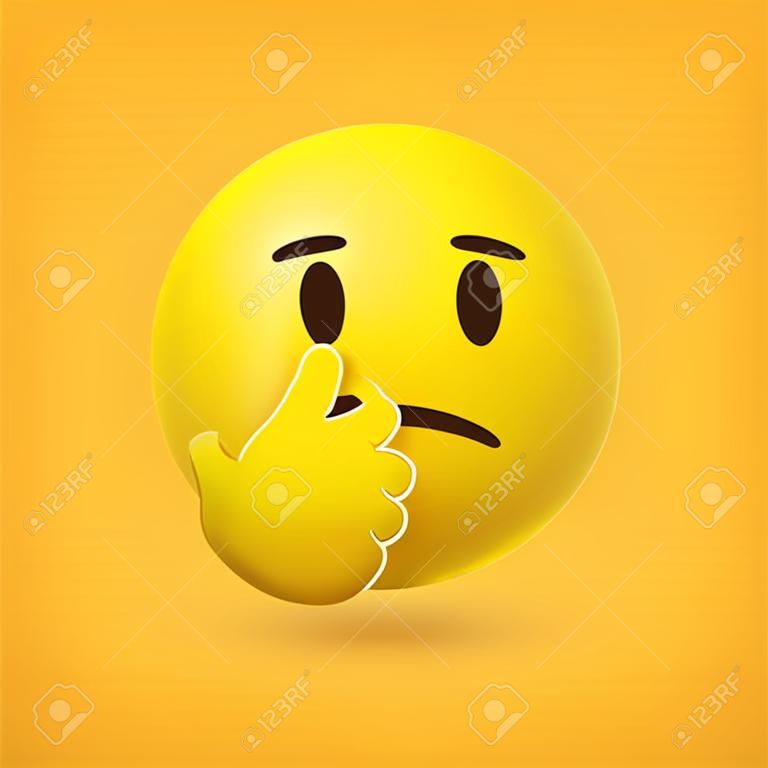 Gondolkodó arc emoji - hangulatjel arc, egyetlen ujjal és hüvelykujjal, amely az állon nyugszik, felfelé pillantva a sárga háttéren