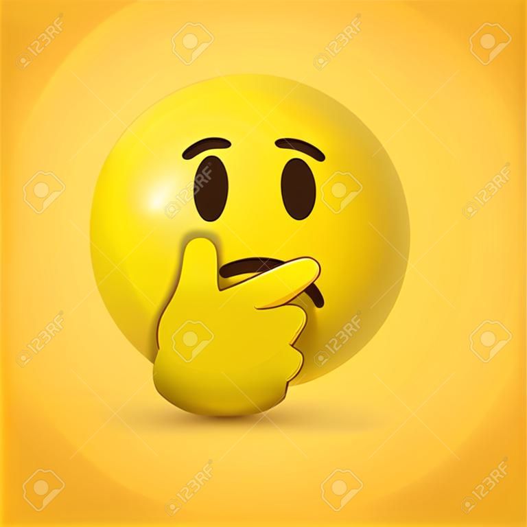 思考的臉表情符號-表情符號臉用一根手指和拇指放在下巴上向上看在黃色背景上顯示