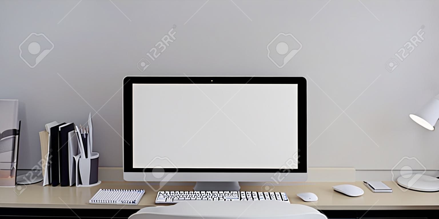 Home office desk workspace with computer and office supplies on white wall. Modern interior design concept. 3d rendering.