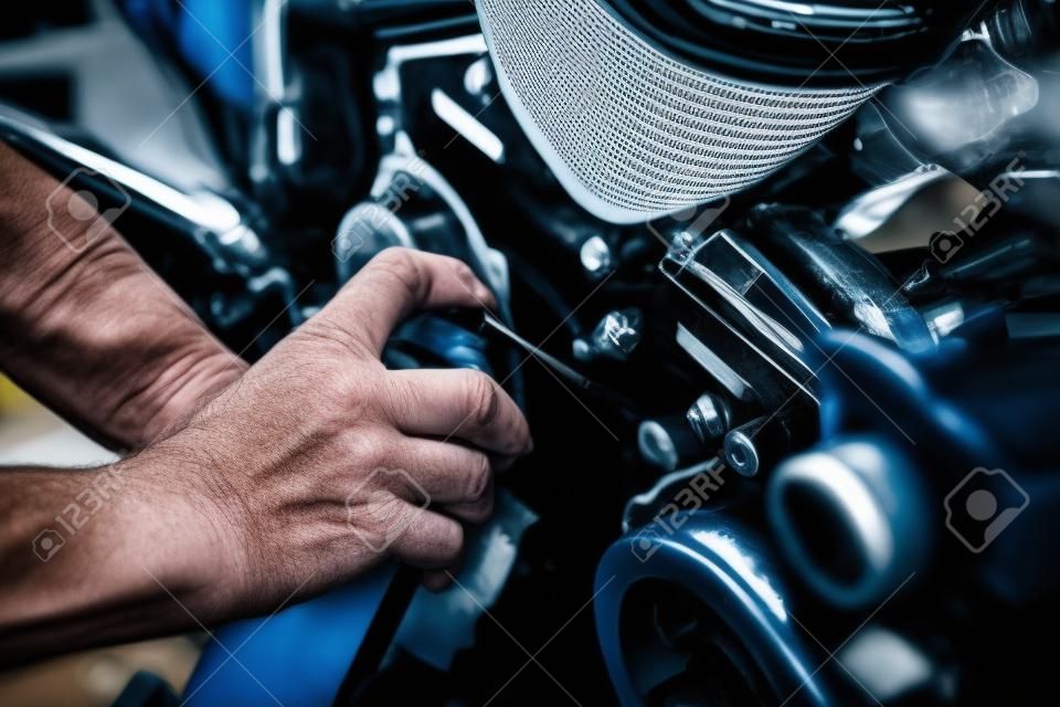 Master repairman puffing grease on motorcycle part closeup