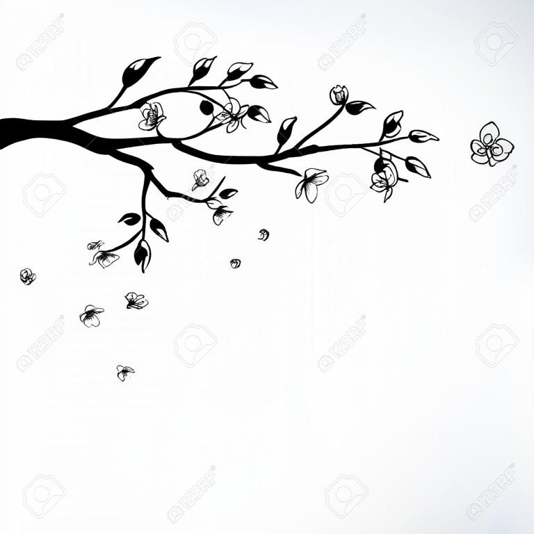 Illustration of flowering branch of Sakura with flying petals 