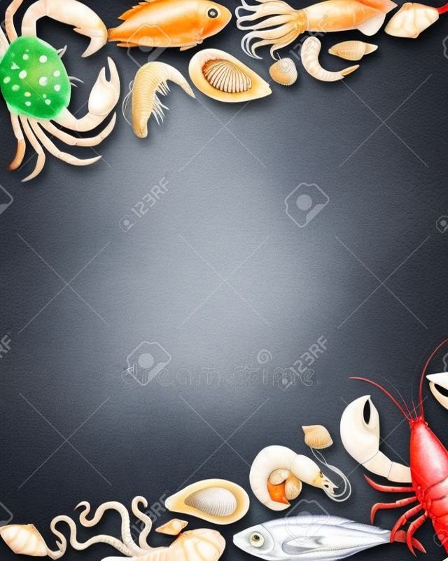Conjunto de la acuarela de pescados y mariscos de la langosta, cangrejo, pescado, calamar, pulpo, camarones, conchas en Junta de tiza para su menú o el diseño, ilustración vectorial.