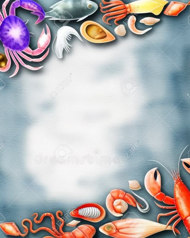 水彩画集海鲜龙虾、蟹、鱼、鱿鱼、章鱼、虾壳于粉笔板上为您设计菜单或插画矢量图。