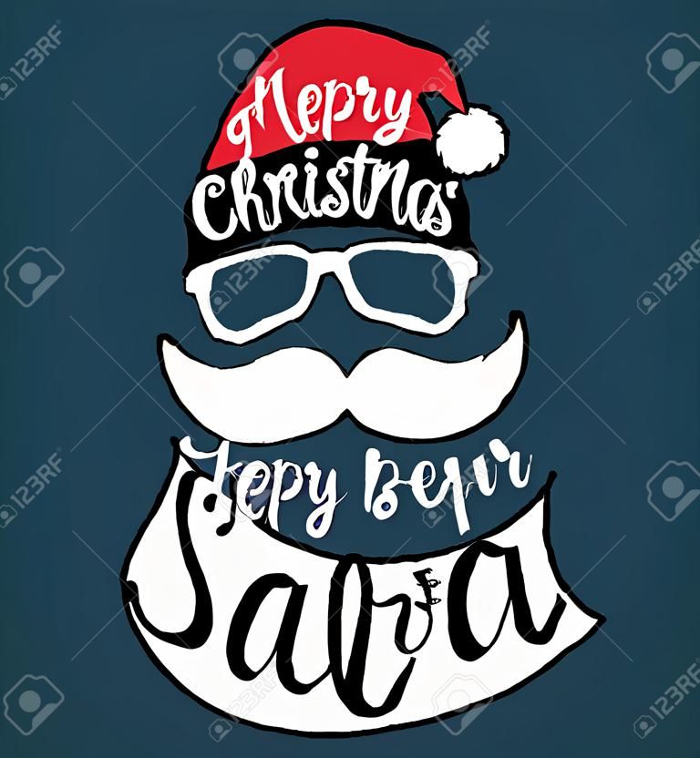 Papá, sombrero, barba, gafas y letras handdrawn para tarjetas de felicitación. Vector de la tarjeta de Navidad.