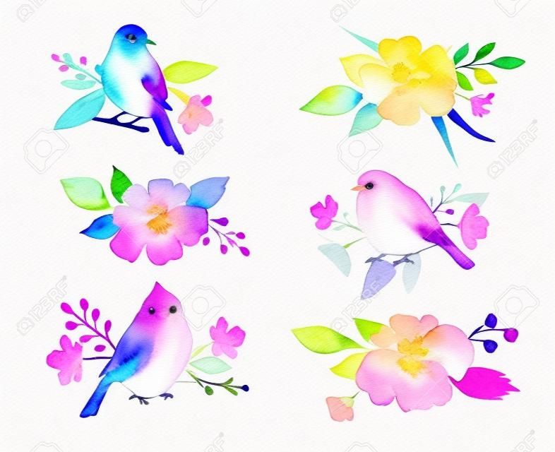 Aquarelkleurige boeketten bloemen en vogels. Ideaal voor uitnodigingen, kaarten, groeten, bruiloft ontwerp. Perfect voor voorjaar en zomer design.