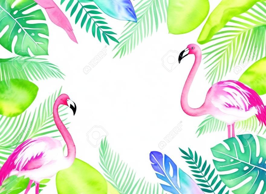 Cartão aquarela de folhas tropicais e o flamingo rosa isolado no fundo branco.